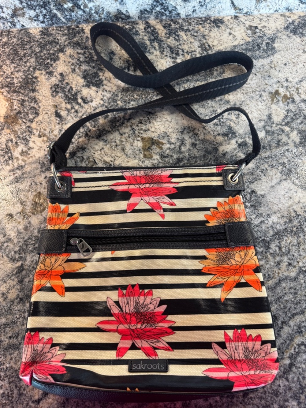 Sakroots Black & Cream Striped Crossbody with Orange & Pink Floral Accents